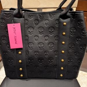 Betsey Johnson " XOSTUDDY" Black Skull Embossed Tote Bag With Metal Studs